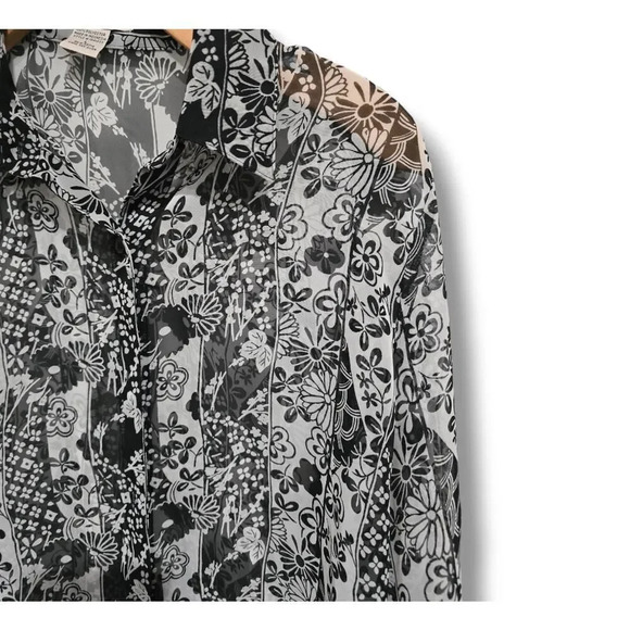 Notations Women's black white floral semi-sheer button-down Blouse- large - Picture 3 of 8
